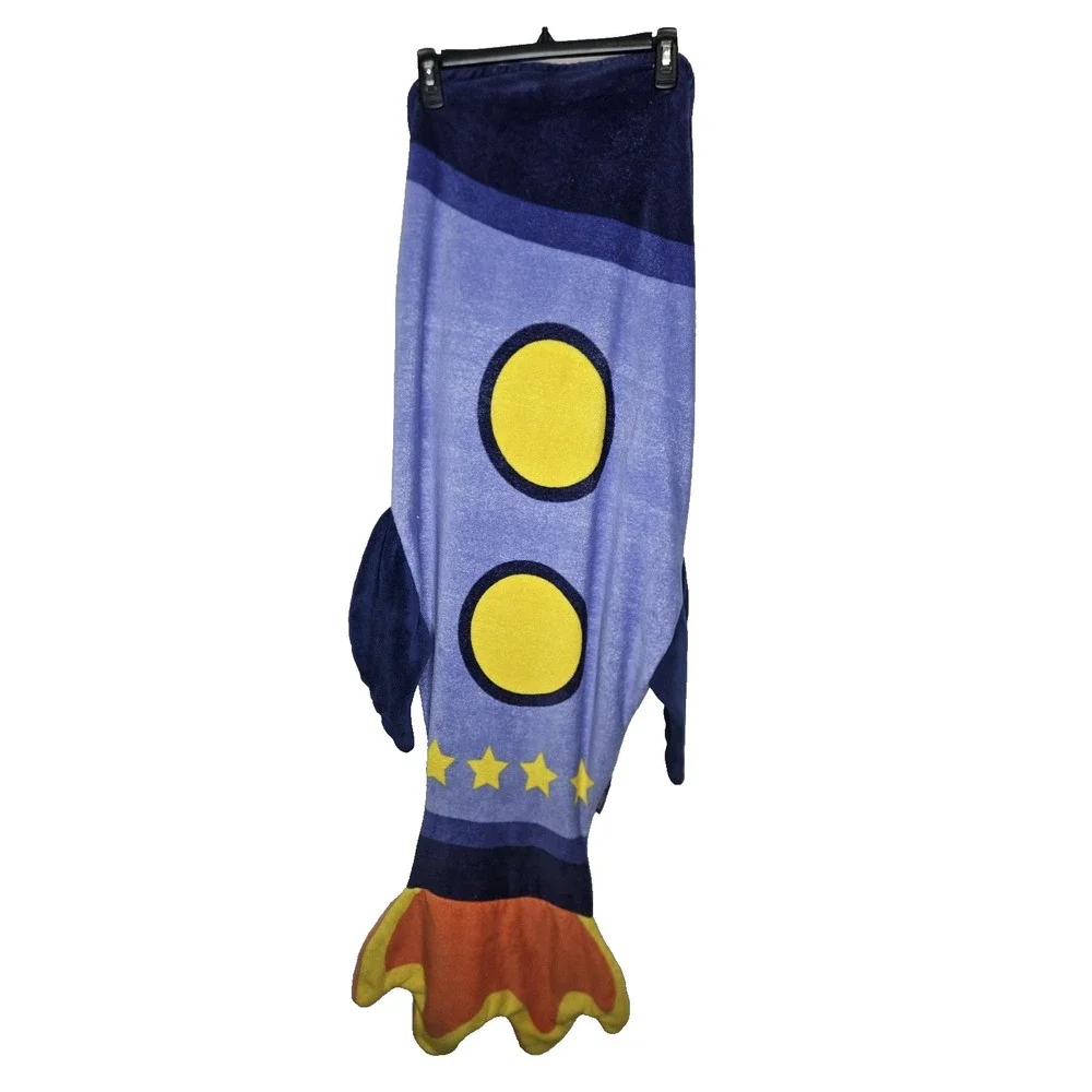 Blankie Tails Kids Rocket Ship Blanket Blue Yellow Stars‎ 100% Polyester 54